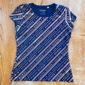 GUESS women's black t-shirt with gold foil print, size L